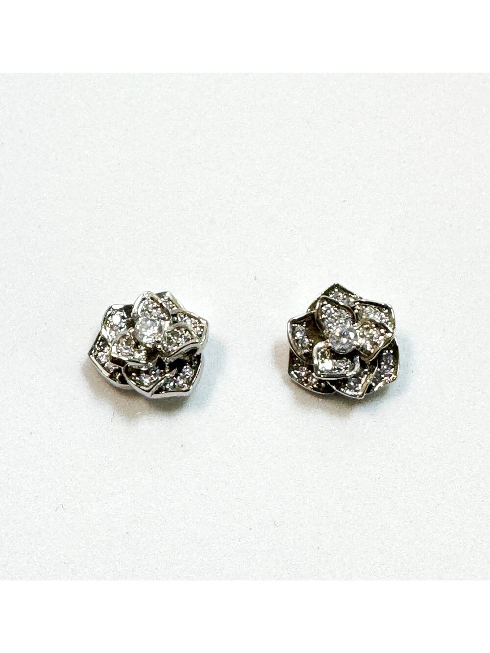 Silver Tone Rhinestone Rose Flower Post Earrings Sparkly Studs 1/2" E289